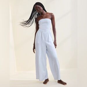 Aerie Light Blue Strapless Smocked Jumpsuit Monaco Blue Size L